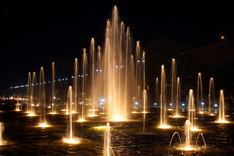 Brindavan Gardens Mysore illuminated in the evening with musical fountain show near KRS Dam
